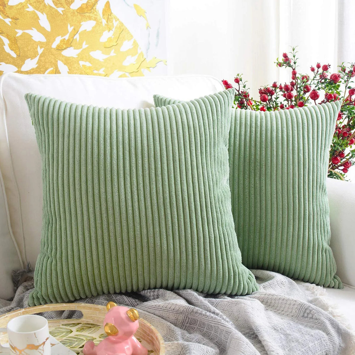 2 Piece Corduroy Striped Throw Pillow Cases 45x45cm – Soft Plush Decorative Cushion Covers – Great for Sofas, Beds & Living Rooms