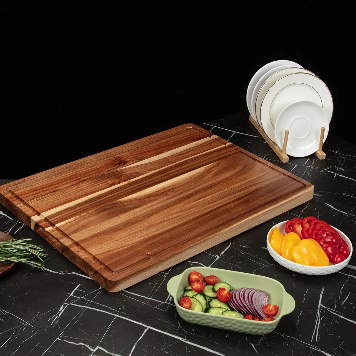 Acacia Wood Butcher Block Chopping Board – Extra Thick Reversible Board with Deep Juice Groove & Built-In Handles – Ideal for Meat & Veg Prep – Available in 50.8 x 38cm & 61 x 45.7cm