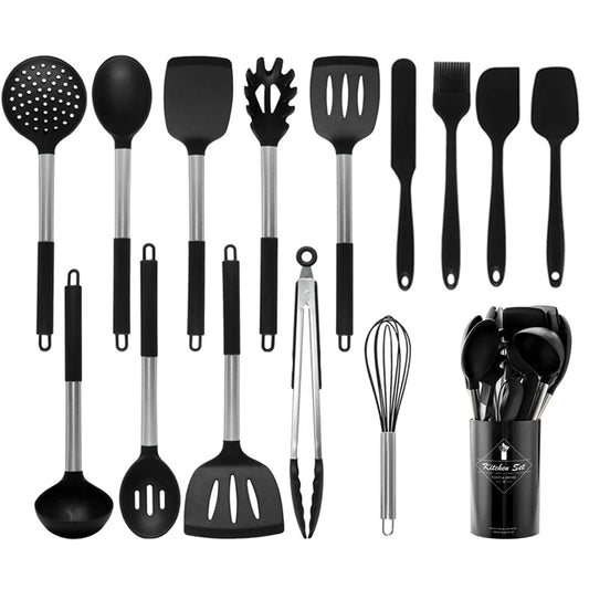 Silicone Kitchen Utensils Set with Stainless Steel Handles – Non-Stick, Heat-Resistant Cooking Kitchen Utensils for Everyday Cooking & Baking, Available in 4 Colours & Multiple Set Sizes