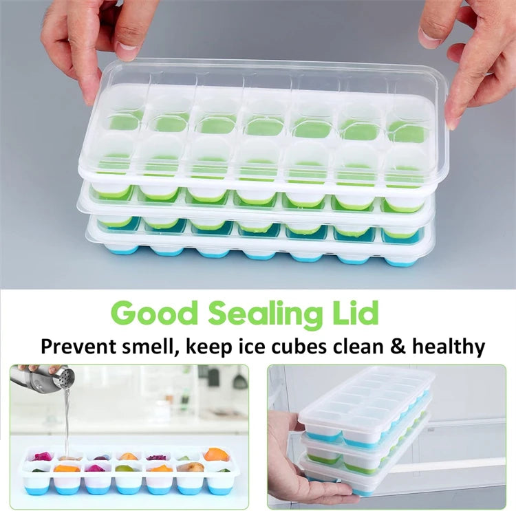 Easy-Release Ice Cube Tray with Lid – 14 Cube Stackable Ice Mould – Best for Chilling Water, Juice & Iced Coffee – Available in Pink, Green, Yellow & Blue Colours