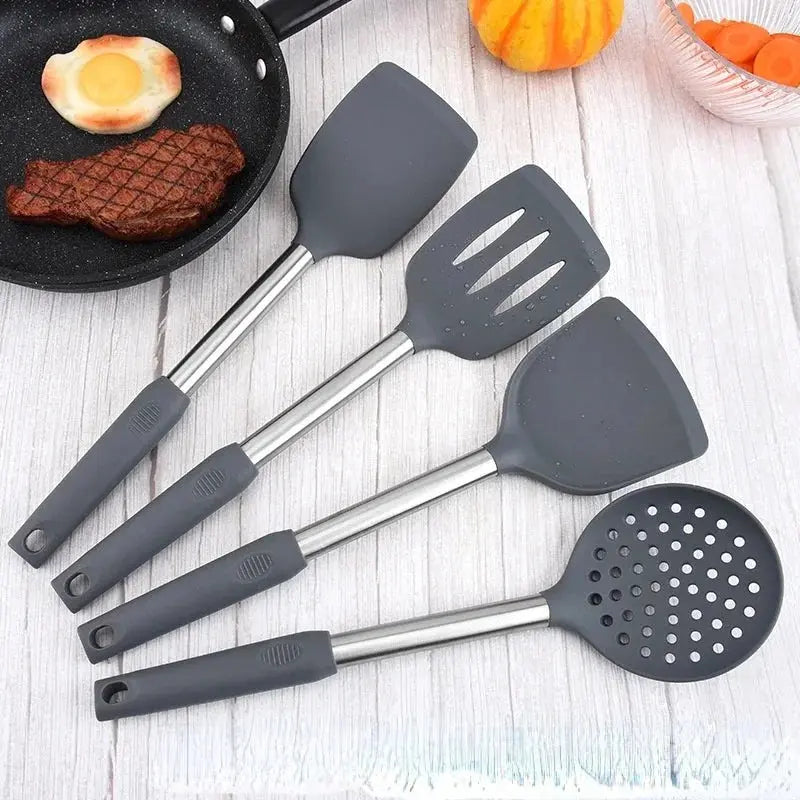 12-Piece Food-Grade Silicone & Stainless Steel Kitchen Utensils Set with 360° Rotating Storage Holder C for Chef