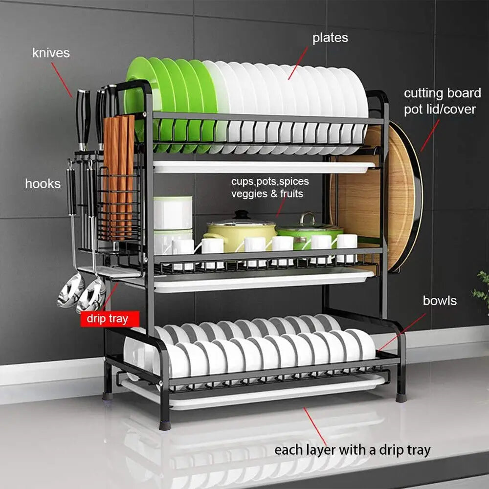 3 Tier Dish Drainer Rack with Drip Trays – Large Plate Rack with Cutlery & Chopping Board Holders – Great for Drying Dishes by the Sink