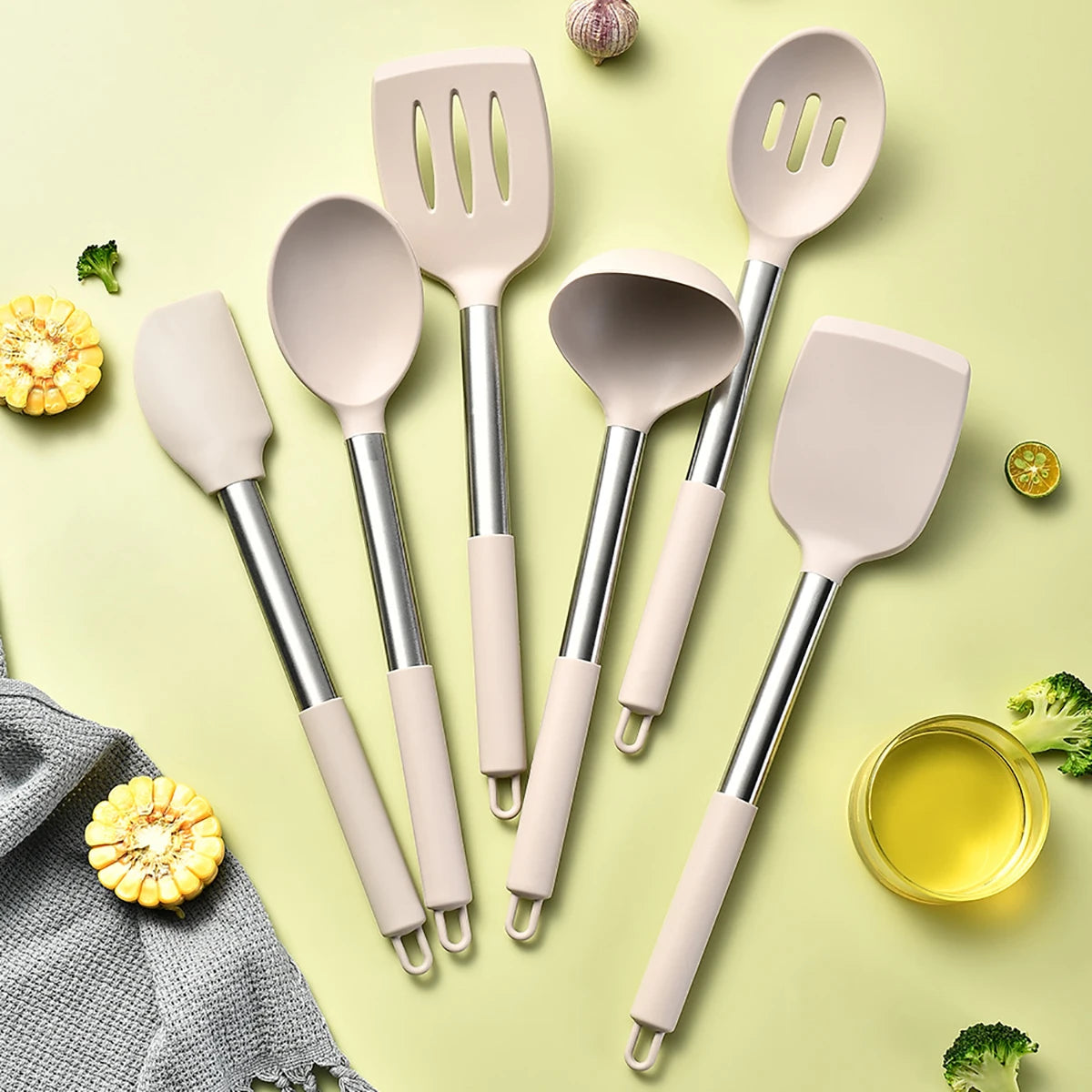 Silicone Kitchen Utensils Set with Stainless Steel Handles – Heat-Resistant & Safe for Non-Stick Cookware – Ideal for Daily Cooking – Available in Multiple Colours & Various Piece Set Options