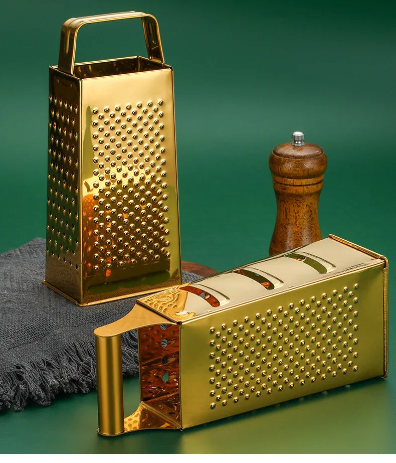 Stainless Steel Four-Sided Cheese Grater – Multi-Functional Handheld Box  Grater  & Vertical Fruit Slicer, Available in Gold & Silver