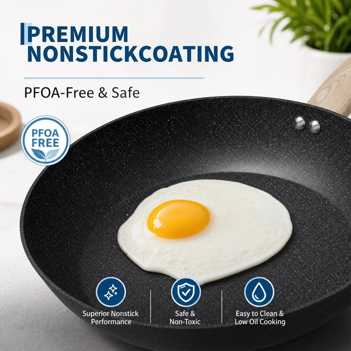 Ceramic Non-Stick Cookware Set 14 Piece with Woodgrain Handles – Induction Frying Pans, Sauté Pan, Saucepan & Stock Pot – Best for First Homes & Family Kitchens