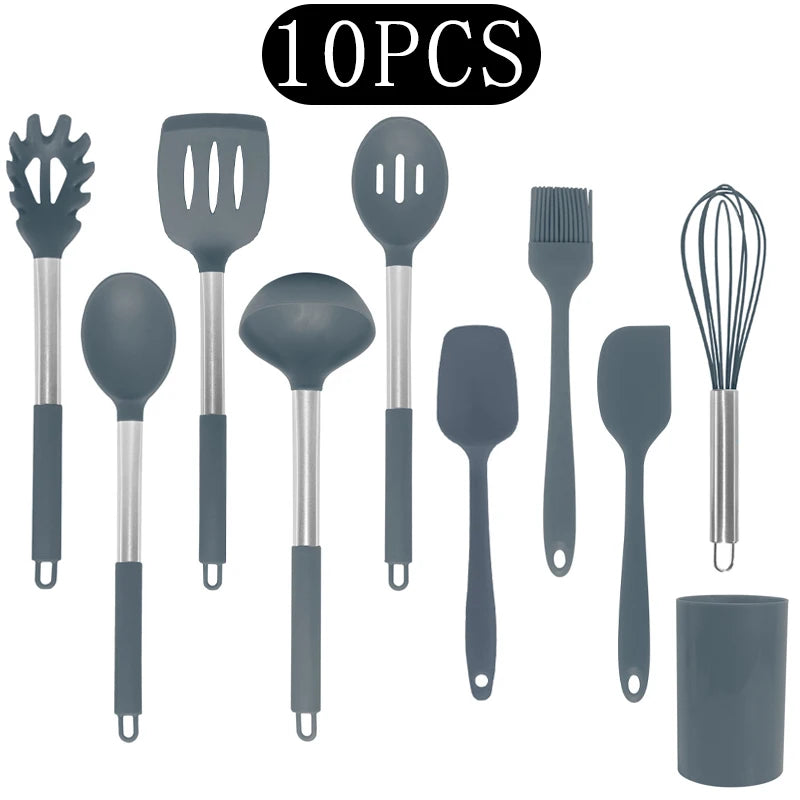 Silicone Kitchen Utensils Set with Stainless Steel Handles – Non-Stick, Heat-Resistant Cooking  Kitchen Utensils for Everyday Cooking & Baking, Available in 4 Colours & Multiple Set Sizes