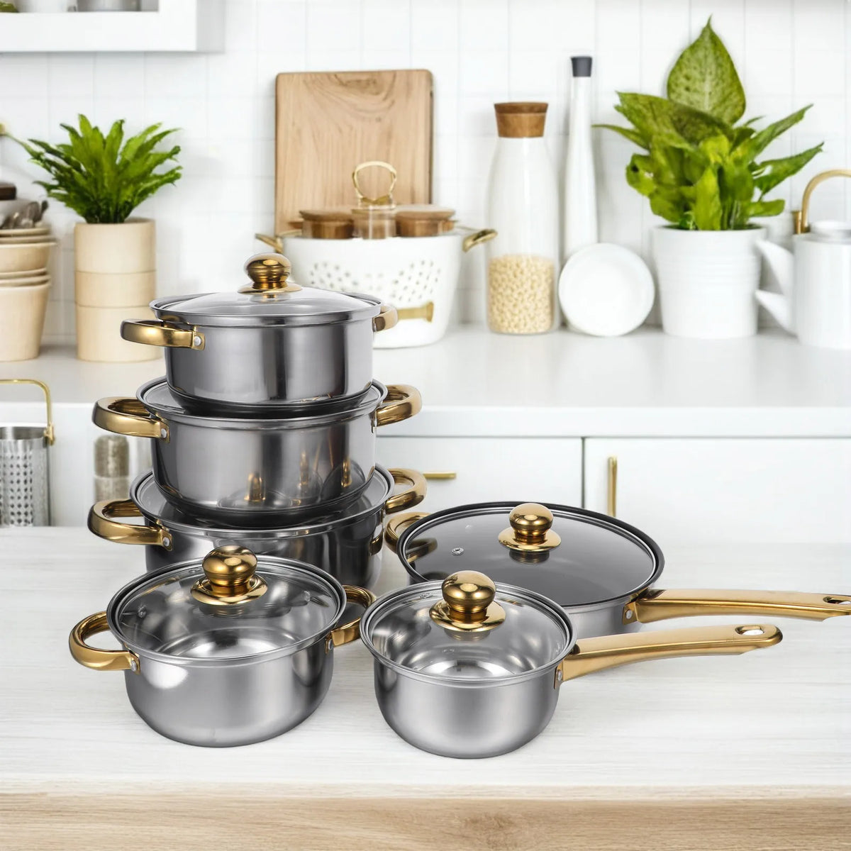 Golden Handle Stainless Steel Cookware Set with Glass Lids – 12 Piece Stock Pot, Saucepan, Steamer & Non-Stick Frying Pan – Ideal for Induction & Family Cooking