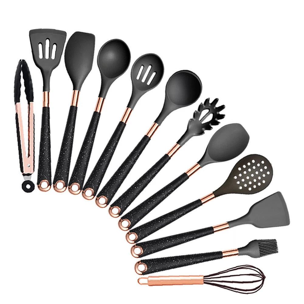 Silicone Cooking Utensils Set with Gold-Plated Handles – Non-Stick Safe, Heat Resistant | Black & Beige | Available in 5, 7, 10 & 12-Piece Sets