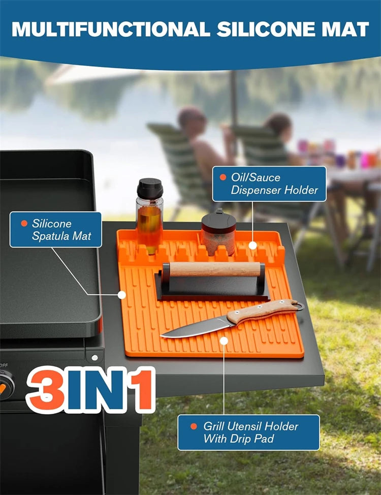 Heat Resistant Silicone Griddle Tool Mat – Grill Side Shelf Mat & BBQ Utensil Rest – Great for Flat Top Griddles & Outdoor Cooking