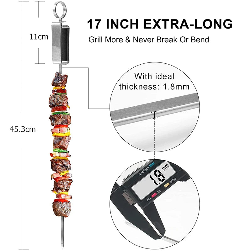 8 Pack Heavy-Duty Stainless Steel Kebab Skewers with Push Bar – Reusable BBQ Grill Skewer Sticks – Ideal for Kebabs, Halloumi & Vegetable Skewers – Available in 35cm, 41cm & 45.6cm