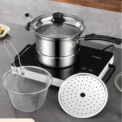4 Piece Stainless Steel Chip Pan Set – Deep Fat Fryer Pot with Frying Basket, Steamer Rack & Lid – Perfect for Chips, Noodles & Soup