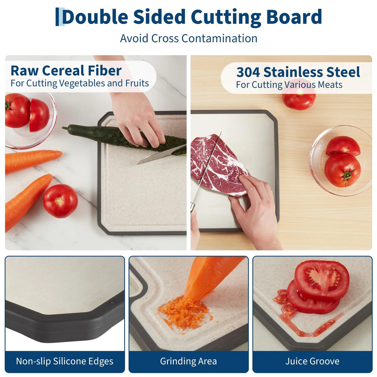 Titanium & Wheat Straw Chopping Board Set of 2 – Reversible Double-Sided Cutting Boards with Juice Grooves – Perfect for Raw Meat & Fruit (38 x 25cm)