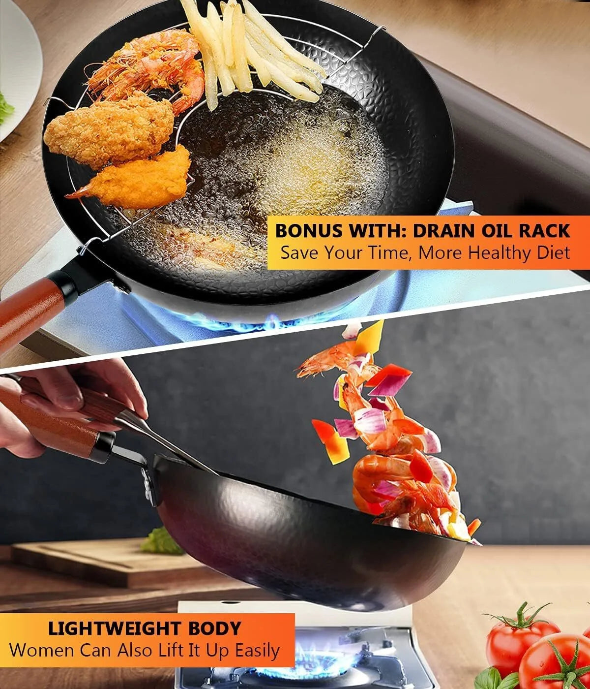 Iron Wok with Wooden Lid – Uncoated Carbon Steel Stir-Fry Wok, Restaurant Style – Ideal for Gas, Electric & Induction Hobs (32cm)