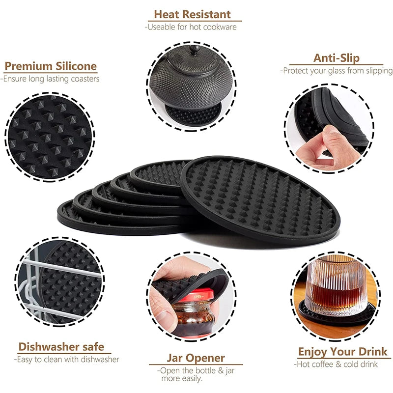 6 Pack Silicone Drink Coasters with Holder – Heat Resistant Non-Slip Cup Mats – Ideal for Protecting Tables & Worktops – Available in Black, Brown, Grey, Green, Blue & Sky Blue Colours