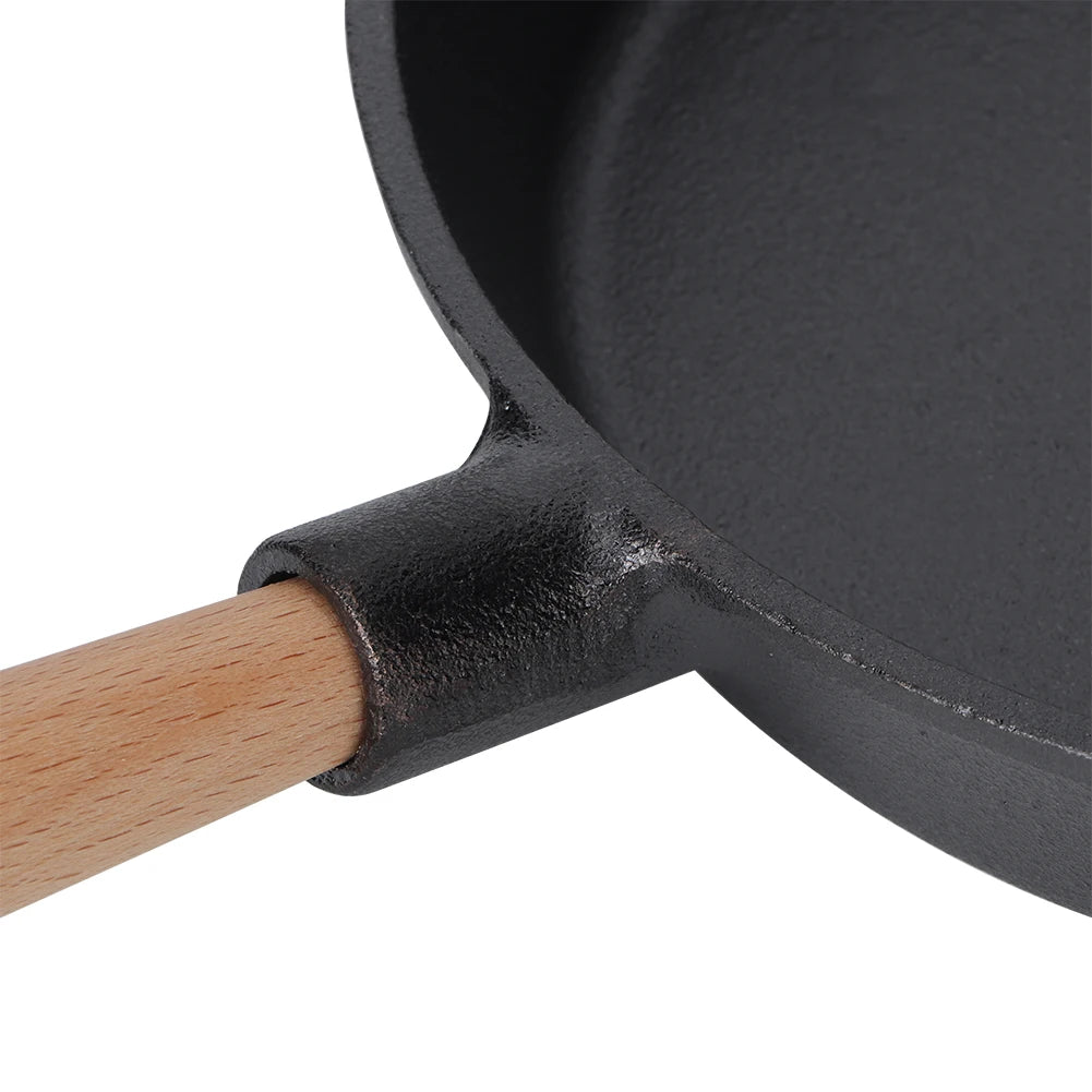 Pre-Seasoned Black Cast Iron Frying Pan Skillet with Removable Wooden Handle – Heavy-Duty Steak Pan for Searing, Frying & Sautéing