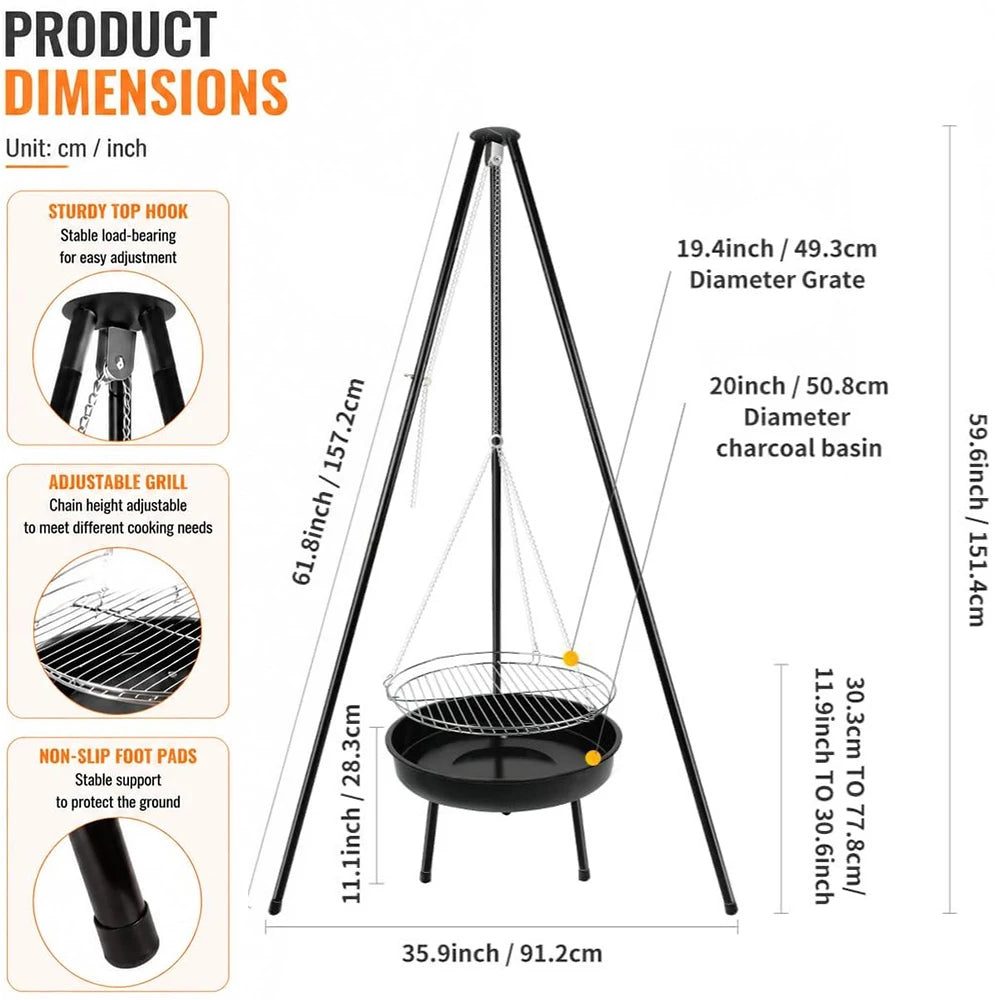 Campfire Tripod Grill with Barbecue Basin – Steel Camping Firepit Cooking Rack & Lantern Hanger – Best for Outdoor Cooking & Camping