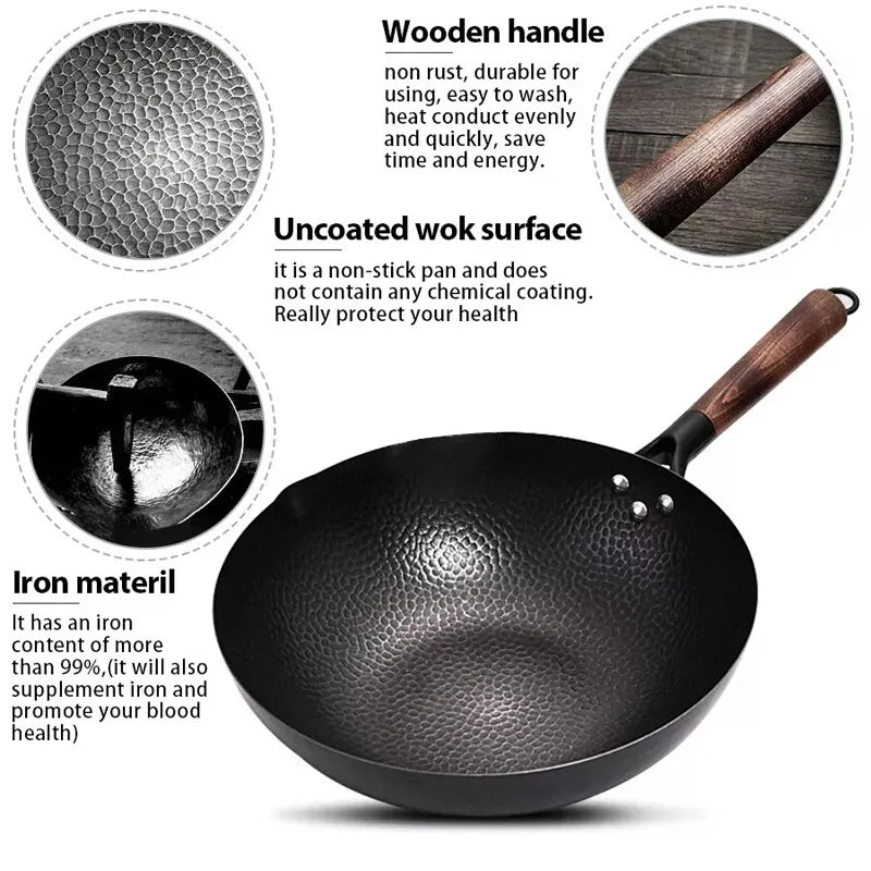 Iron Wok with Wooden Lid – Uncoated Pure Iron Stir-Fry Pan – Perfect for Stir-Frying, Noodles & High-Heat Cooking (32cm)