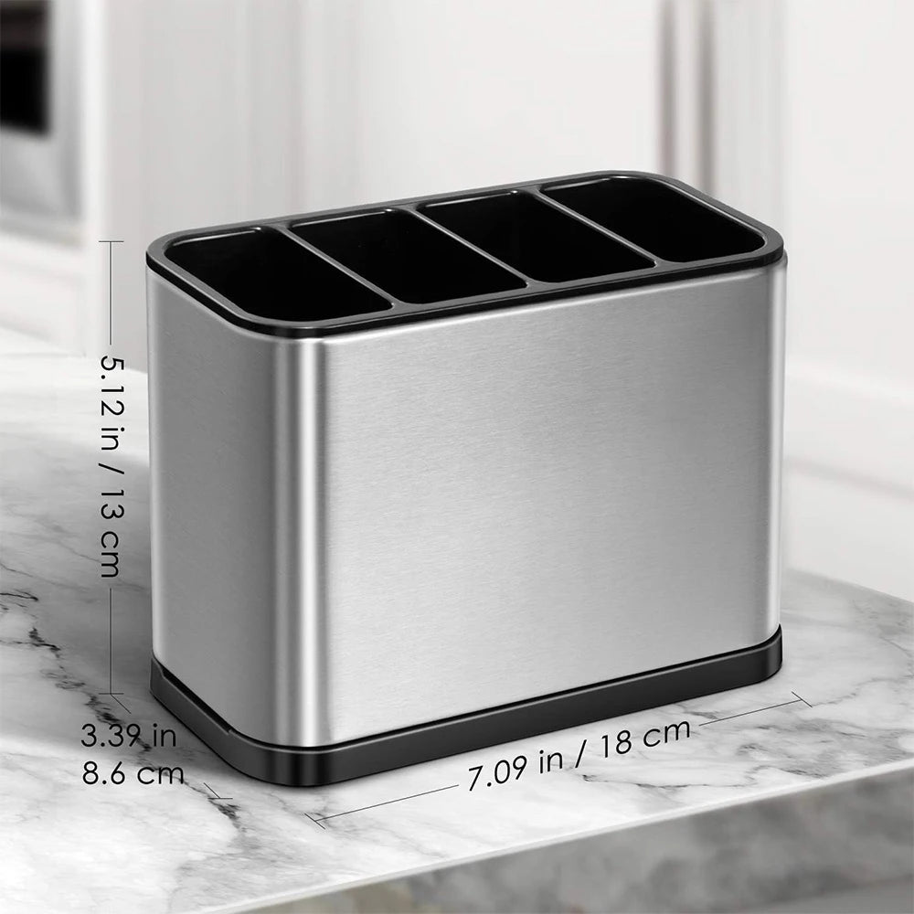 Stainless Steel Cutlery Caddy with 4 Compartments – Utensil Drying Rack & Flatware Holder – Great for Kitchen Worktops & Dining Tables