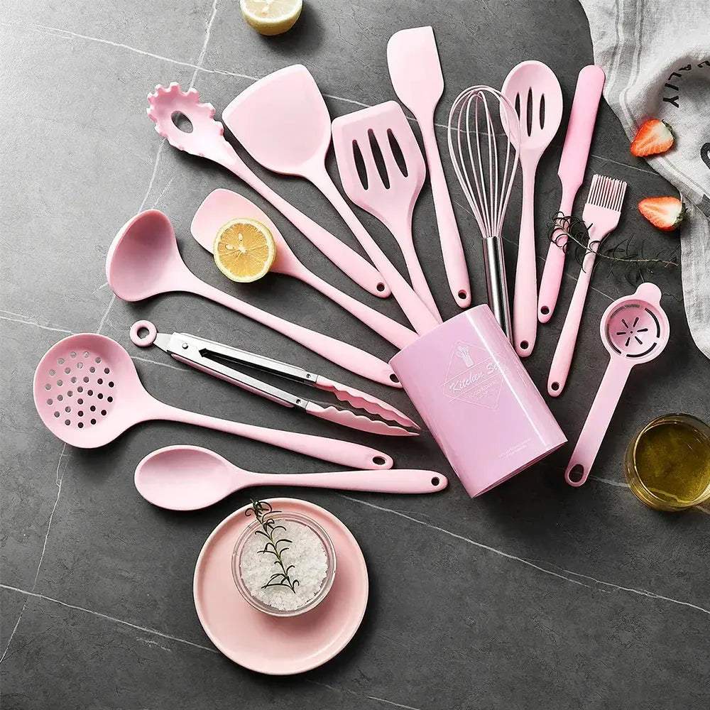 15-Piece Silicone Cooking Utensils Set – Non-Stick, Heat-Resistant Spatulas, Spoons, Turners, Whisk & Brush – Ideal for Daily Cooking – Available in Black, Pink & Khaki C for Chef