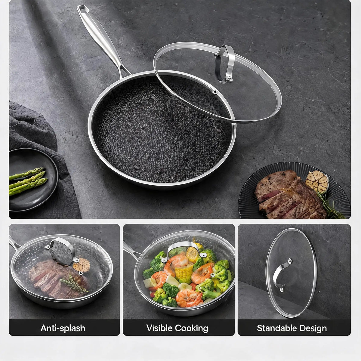 Honeycomb Stainless Steel Non-Stick Frying Pan with Lid – 3-Ply Scratch-Resistant Induction Skillet with Hanging Handle – Ideal for Low-Oil Cooking (28cm)