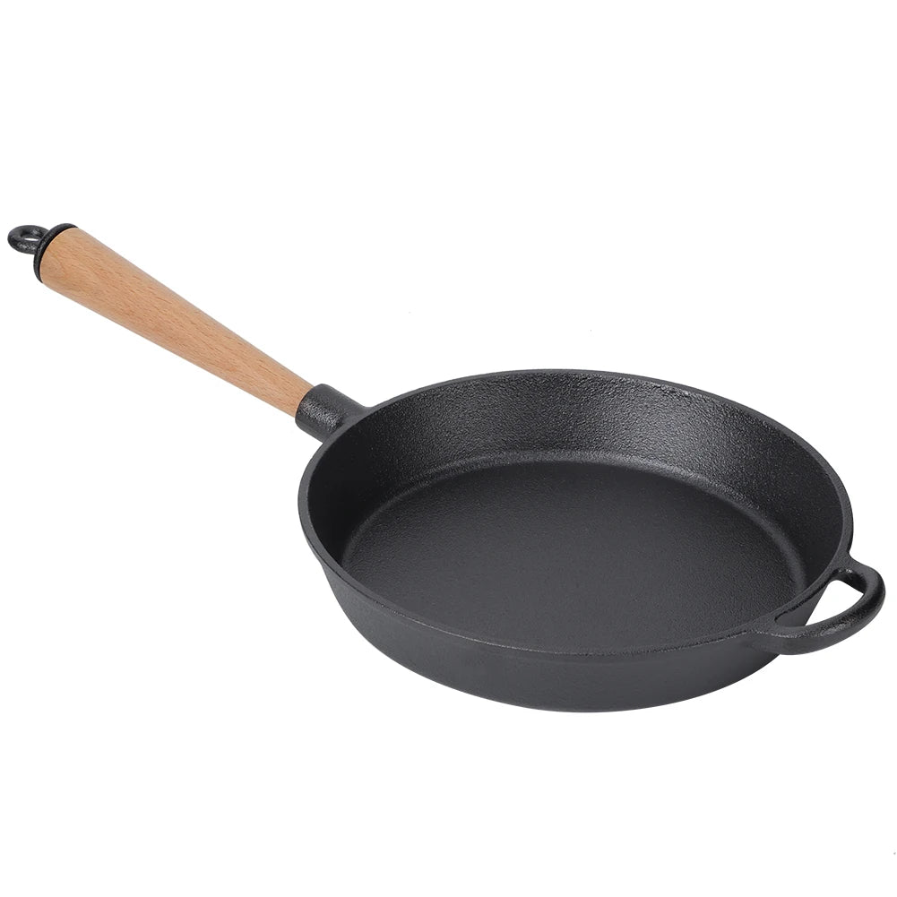 Pre-Seasoned Black Cast Iron Frying Pan Skillet with Removable Wooden Handle – Heavy-Duty Steak Pan for Searing, Frying & Sautéing