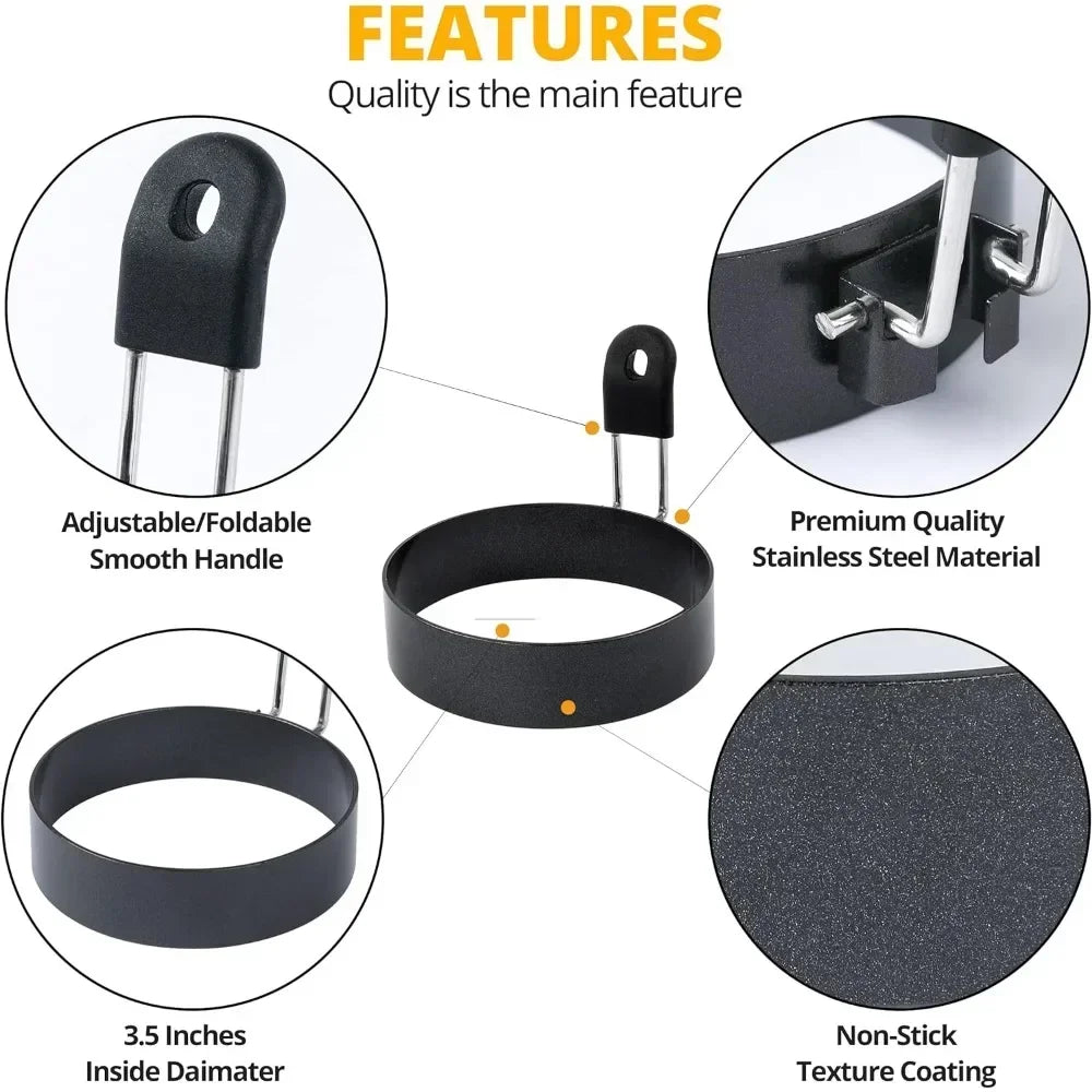 Stainless Steel Egg & Pancake Rings – Non-Stick Anti-Scald Egg Moulds with Folding Handles – Ideal for Fried Eggs, Muffins & Pancakes