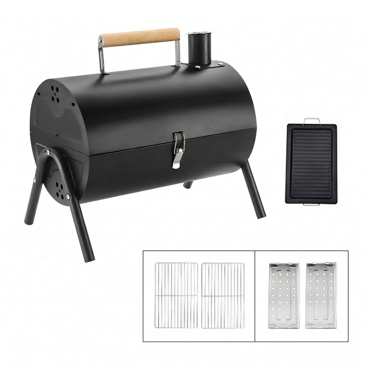 Double Layer Portable Charcoal BBQ with Grill Plate – Camping Barbecue with Grill Rack, Non-Stick Hot Plate & Chimney – Great for Picnics, Garden & Beach United Kingdom black