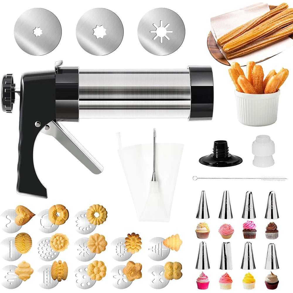 3-in-1 Stainless Steel Churro Maker & Cookie Press Kit – Spritz Biscuit Gun with Moulds – Great for Churros, Biscuits & Piped Desserts