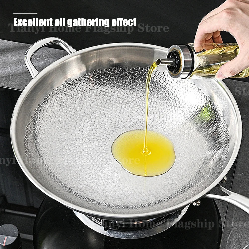Titanium Stainless Steel Wok & Large Frying Pan – Uncoated 304 Steel Chef's Pan for Induction & Gas – Best for Stir-Frying, Steaks & Family Meals – Available in 32cm & 34cm