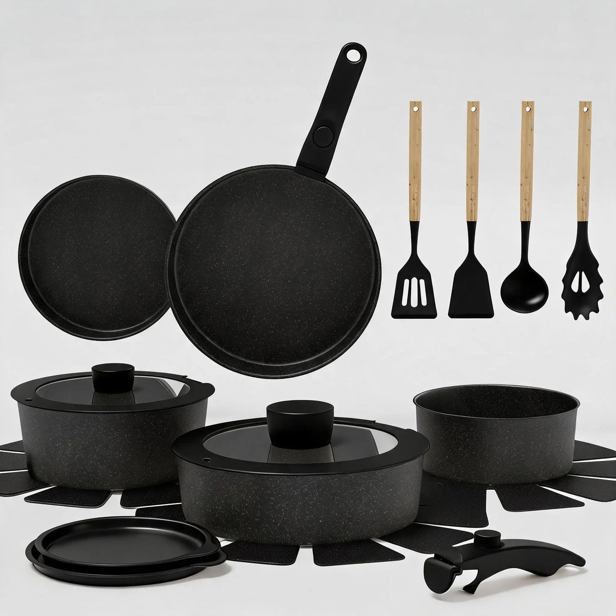 19 Piece Stackable Non-Stick Cookware Set with Detachable Handles – PFAS, PFOA & PTFE Free Induction Pots & Pans – Perfect for Compact Kitchens – Available in Black & White Colours