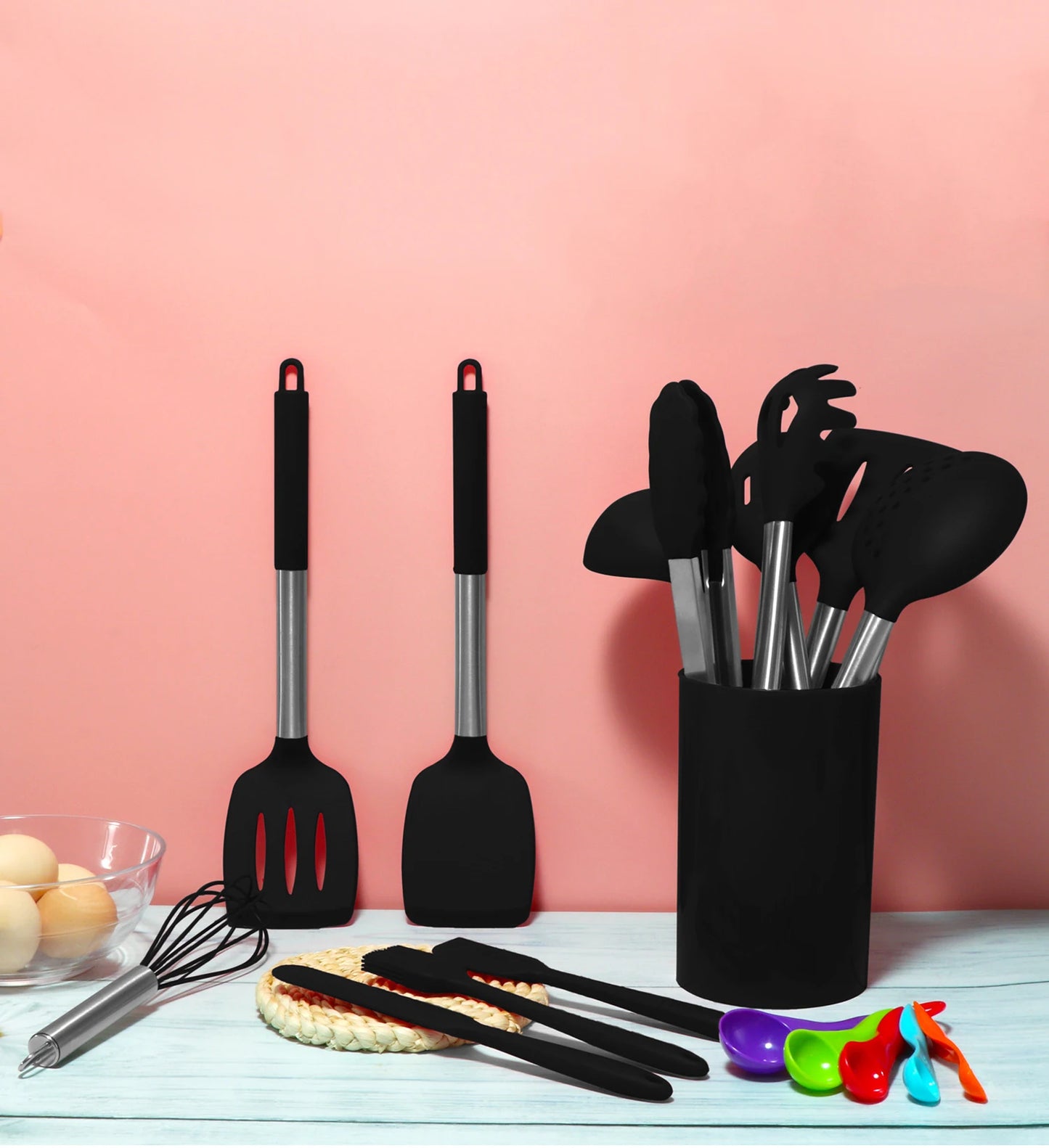 Silicone Kitchen Utensils Set with Stainless Steel Handles – Non-Stick, Heat-Resistant Cooking  Kitchen Utensils for Everyday Cooking & Baking, Available in 4 Colours & Multiple Set Sizes