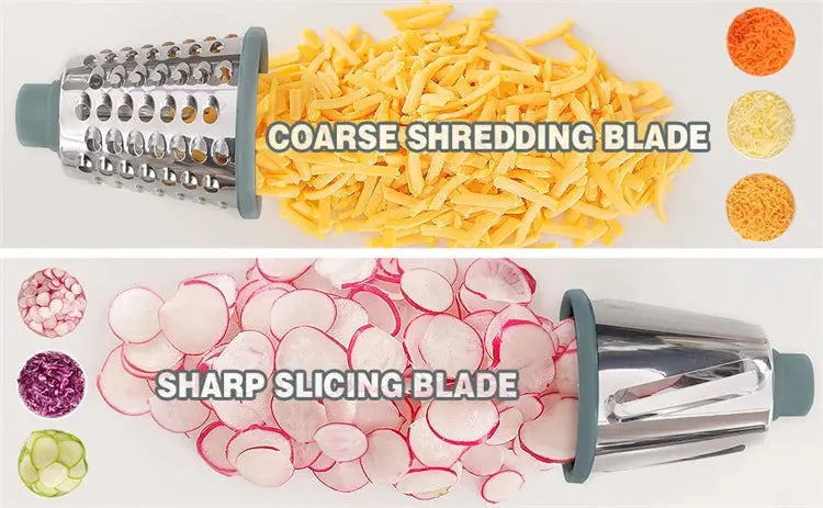 3 in 1 Rotary Cheese Grater – Easy-to-Swap Stainless Steel Interchangeable Rotating Drum Blades for Effortless Slicing, Shredding, and Grating (Available in Grey, White, and Red Colours)