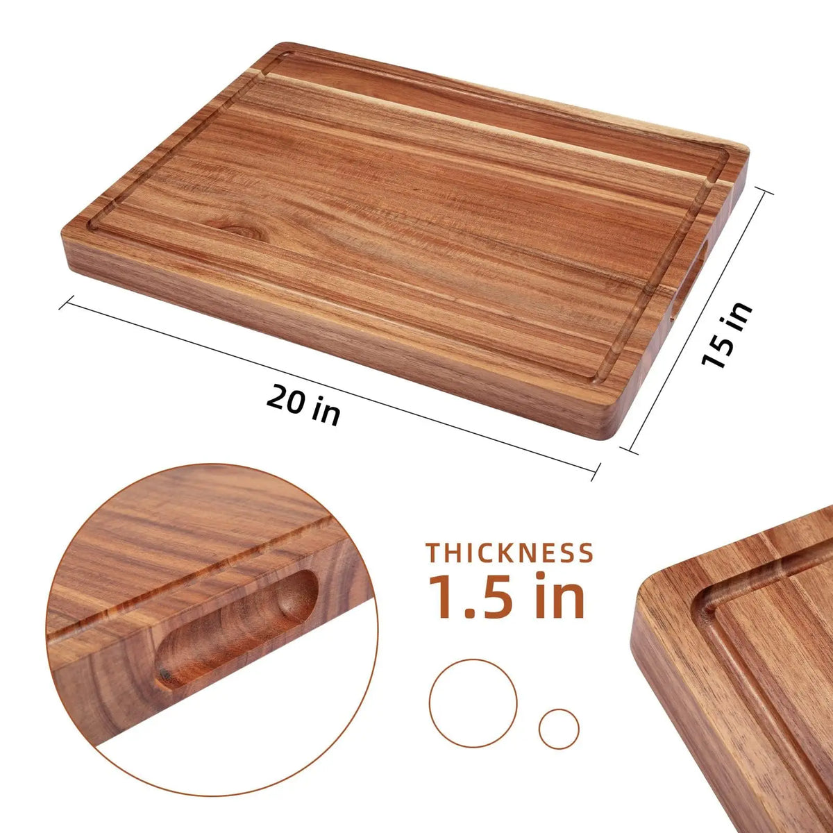 Acacia Wood Butcher Block Chopping Board – Extra Thick Reversible Board with Deep Juice Groove & Built-In Handles – Ideal for Meat & Veg Prep – Available in 50.8 x 38cm & 61 x 45.7cm 50.8 x 38cm United Kingdom