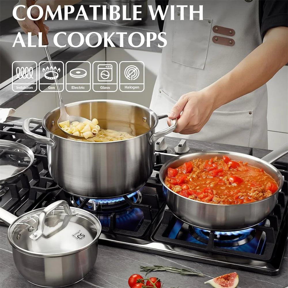 10 Piece 18/10 Stainless Steel Pots & Pans Set with Glass Lids – Saucepans, Casserole & Frying Pans – Ideal for Induction, Oven & Everyday Family Cooking
