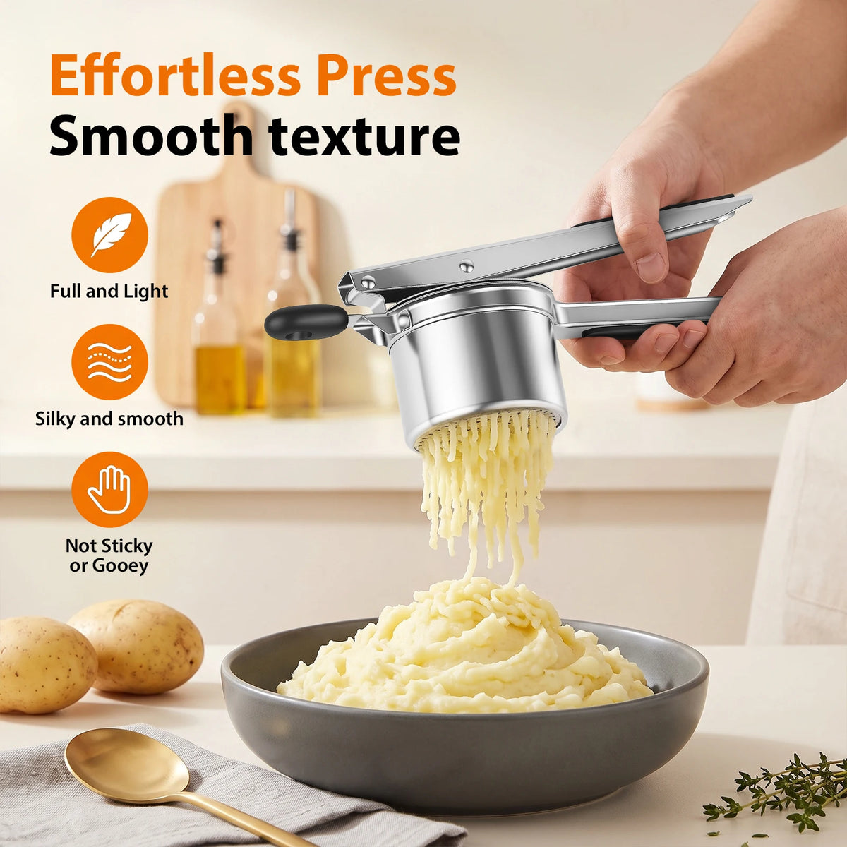 Stainless Steel Potato Ricer with Silicone Handle – Heavy Duty Masher Press with 3 Plates – Ideal for Smooth Mash, Purées & Baby Food