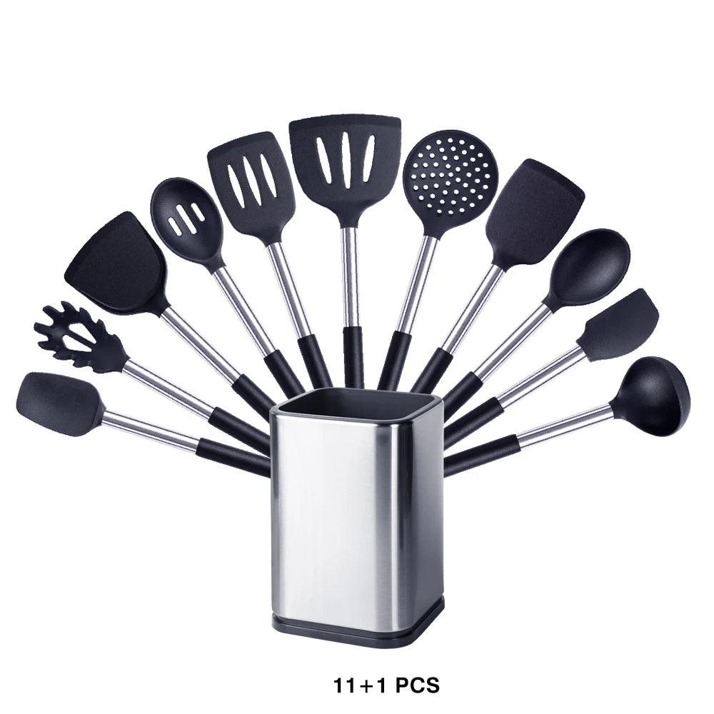 Silicone Kitchen Utensils Set with Stainless Steel Handles – Non-Stick Safe, Heat Resistant | Grey & Black | Available in 5 to 15-Piece Sets