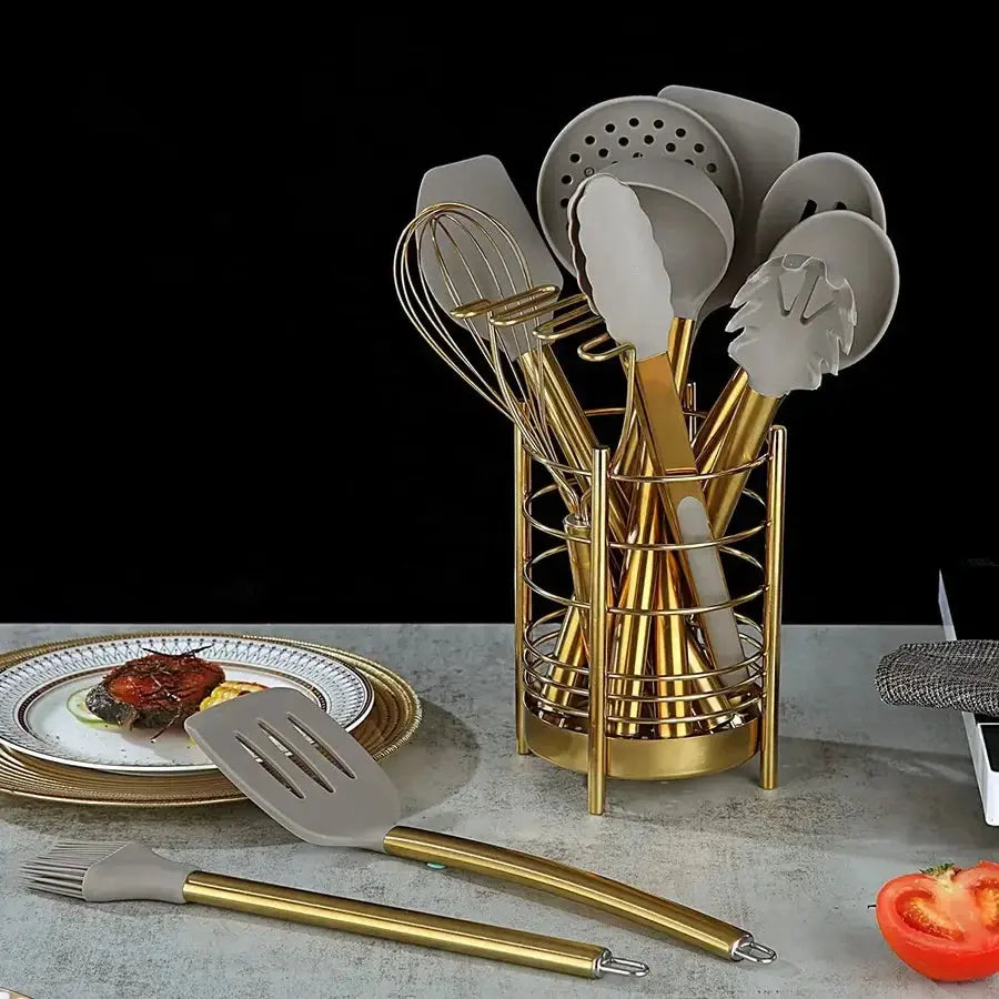 Golden Stainless Steel & Silicone Kitchen Utensils Set – Heat-Resistant, Non-Stick Safe Spatulas, Spoons, Turners, Whisk, Brush & More with Matching Golden Utensil Holder – Perfect for Modern Kitchens