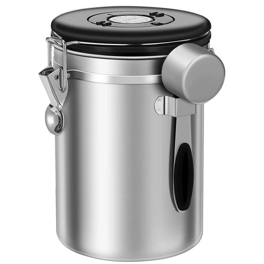 1.8L Stainless Steel Coffee Canister with Scoop – Coffee Storage Container – Perfect for Coffee Beans, Ground Coffee, Tea & Sugar – Available in Silver & Black Colours
