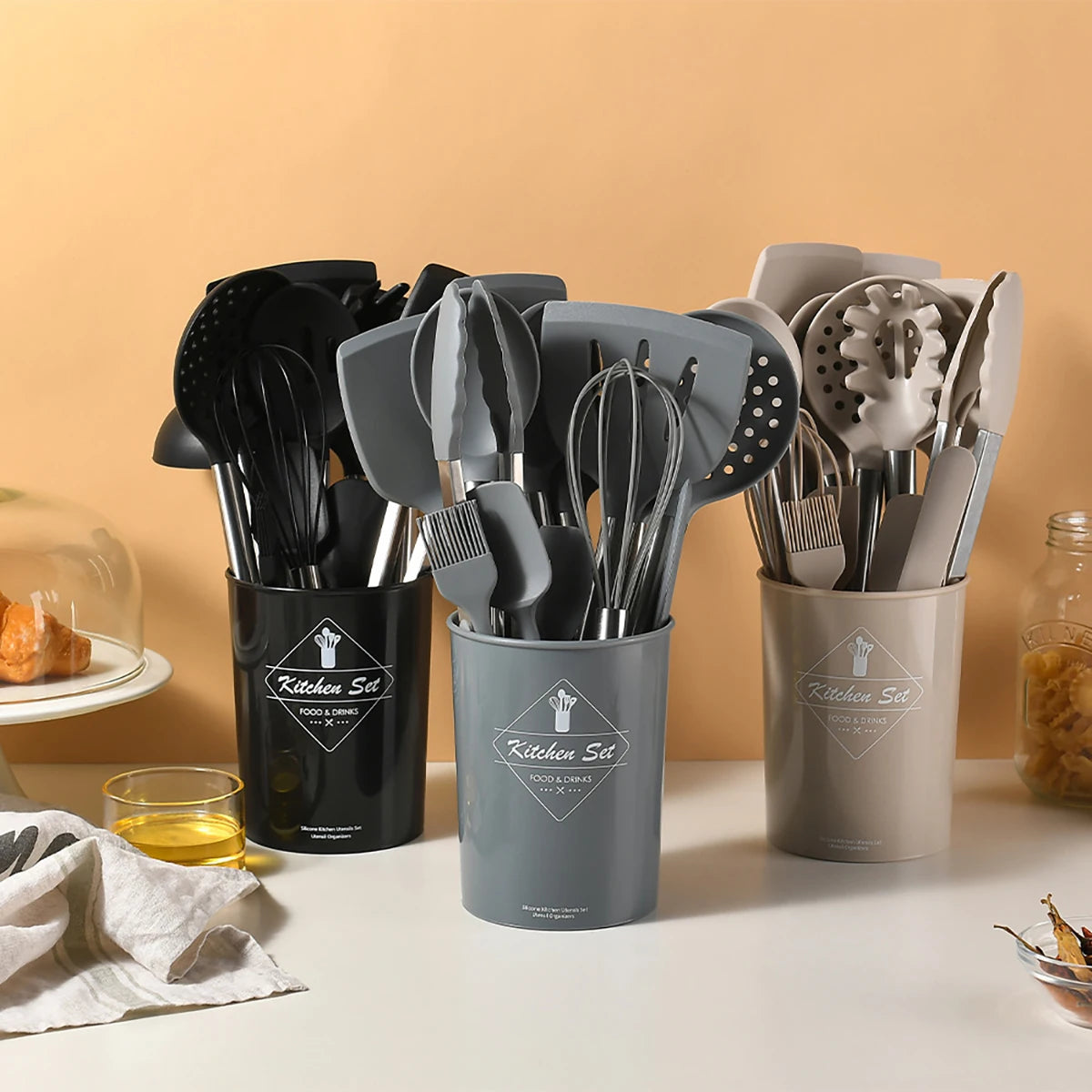 15-Piece Silicone Kitchen Utensils Set – Heat-Resistant Spatulas, Spoons, Turners, Brush, and Whisk, Perfect for Non-Stick Cookware,Available in Black, Grey & Khaki