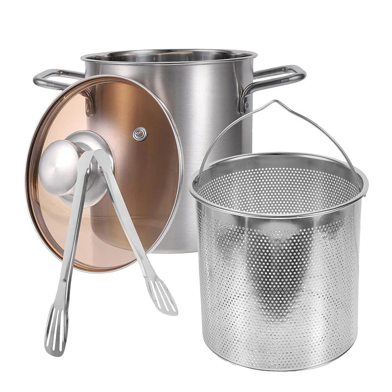 3L Stainless Steel Deep Fryer Pot with Lid & Mesh Basket – Japanese Tempura Frying Pot – Ideal for Chips, Chicken & Tempura – Available With or Without Tongs