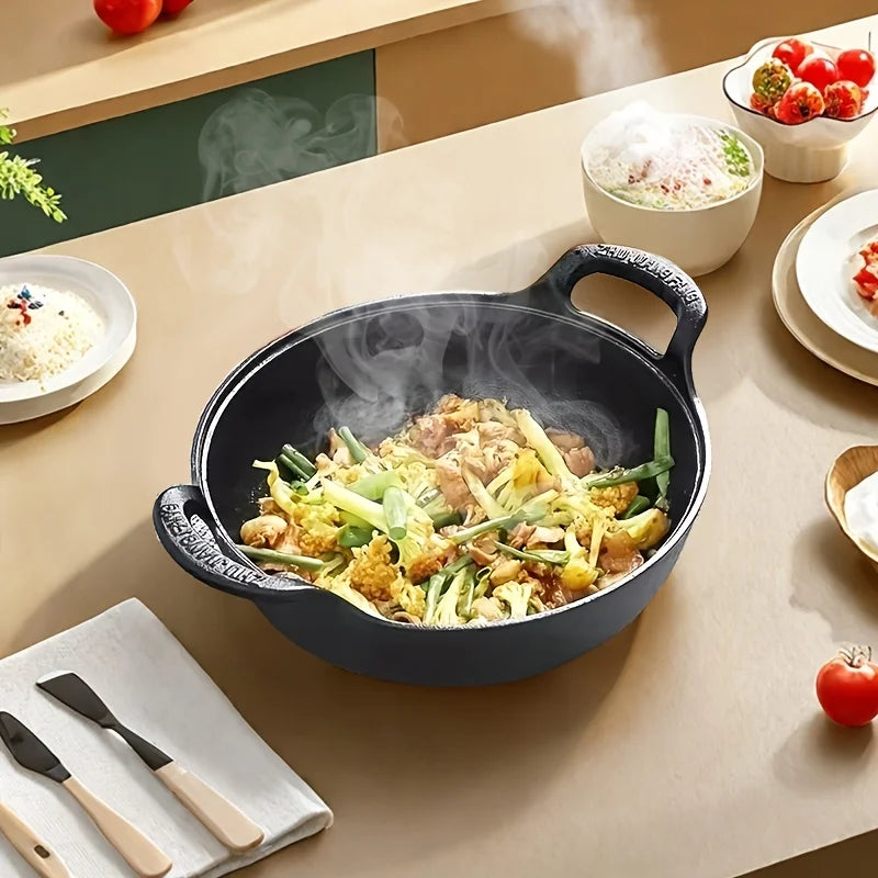 Cast Iron Wok with Dual Handles – Grilling Wok for Oven, Hob & BBQ – Great for Stir-Fries, Grilled Vegetables & Outdoor Cooking