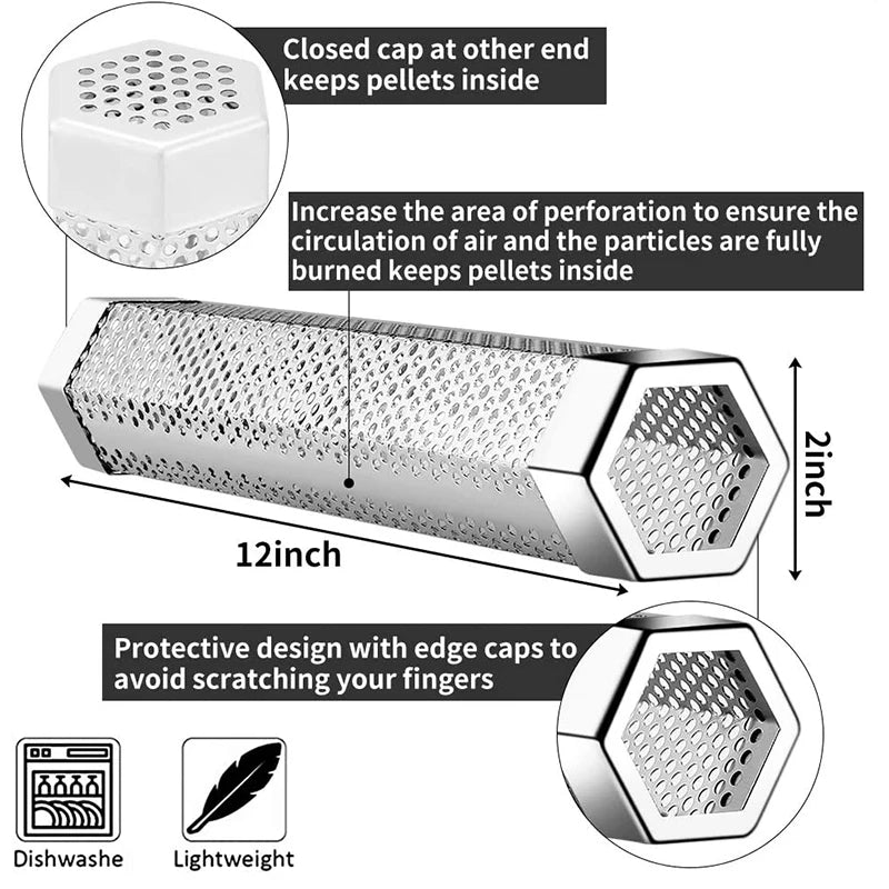 12 Inch Hexagon Stainless Steel Pellet Smoker Tube – BBQ Wood Pellet Smoke Generator – Ideal for Hot & Cold Smoking up to 5 Hours