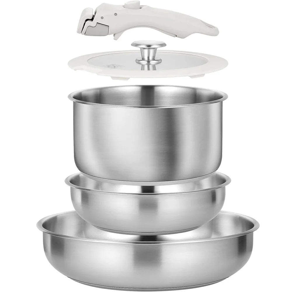 7 Piece Stainless Steel Cookware Set with Detachable Handle – 20cm & 25cm Frying Pans & 2QT Saucepan – Great for Stove to Oven & Space-Saving Storage