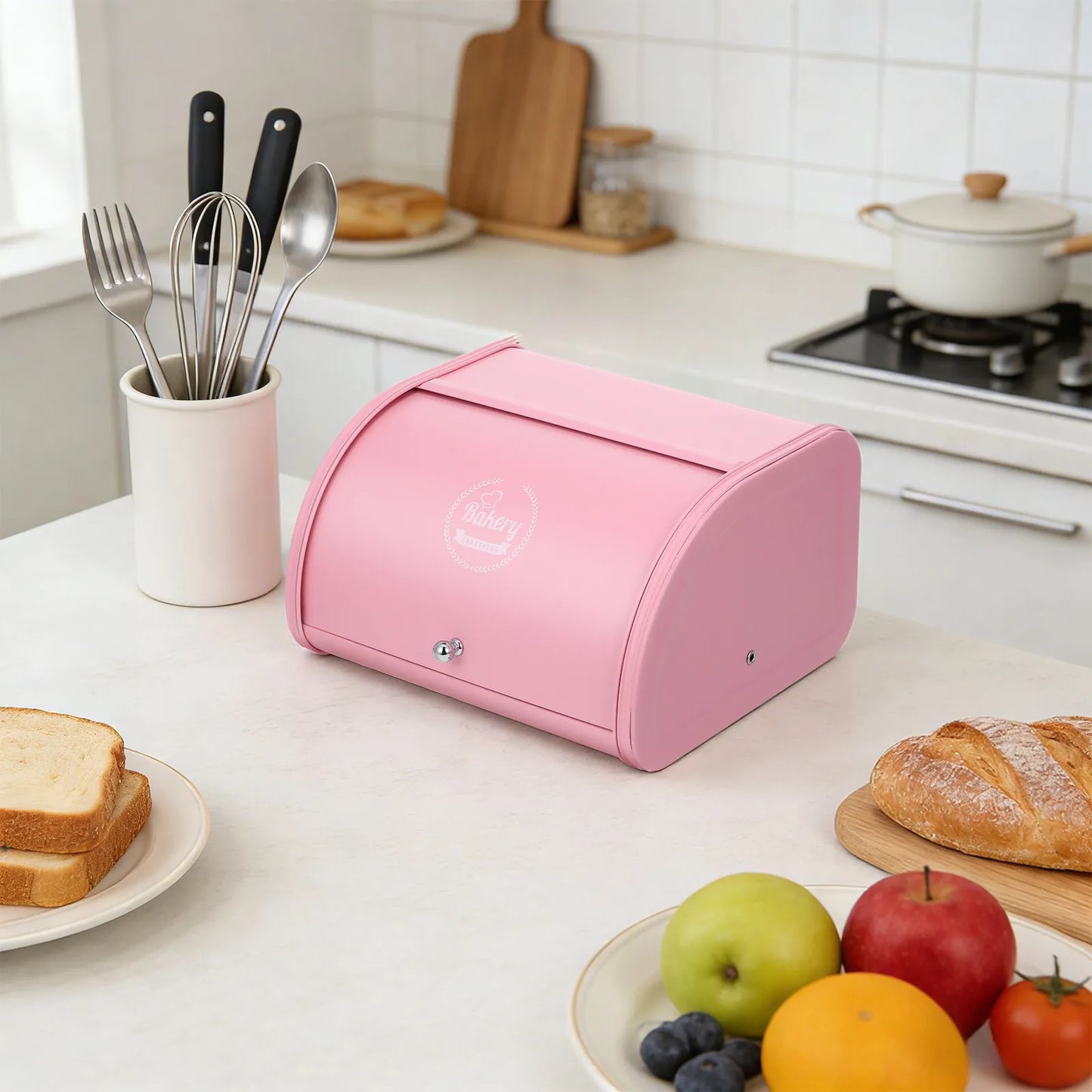 Retro Iron Bread Box with Rolling Door – Pink Powder-Coated Metal Kitchen Storage Bin, Rust-Resistant & Ventilated for Fresh Bread, Bagels & Muffins