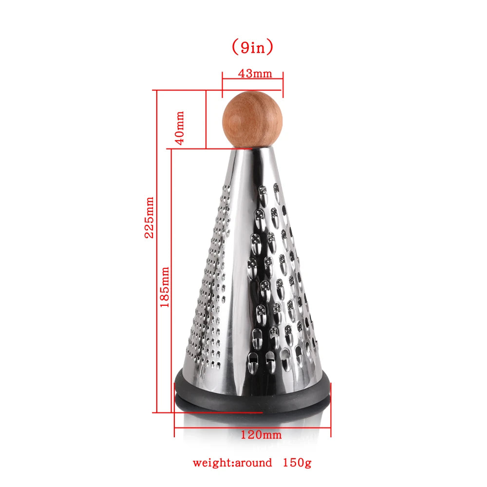 Modern Cone-Shaped Stainless Steel Grater & Zester with Wooden Handle – Conical Design with Non-Slip Rubber Base for Stability & Control – Available in 6-inch, 8-inch, 9-inch & 10-inch Sizes