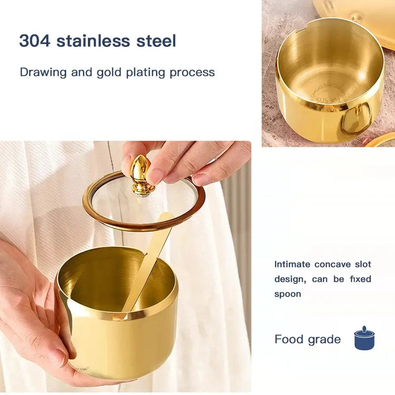 Luxury Golden 304 Stainless Steel Seasoning / Condiment Pot Set with Tempered Glass Lids, Matching Spoons & Storage Rack – Elegant Spice Containers with Food-Grade Coating – Ideal for Salt, Sugar, Spices & Condiments