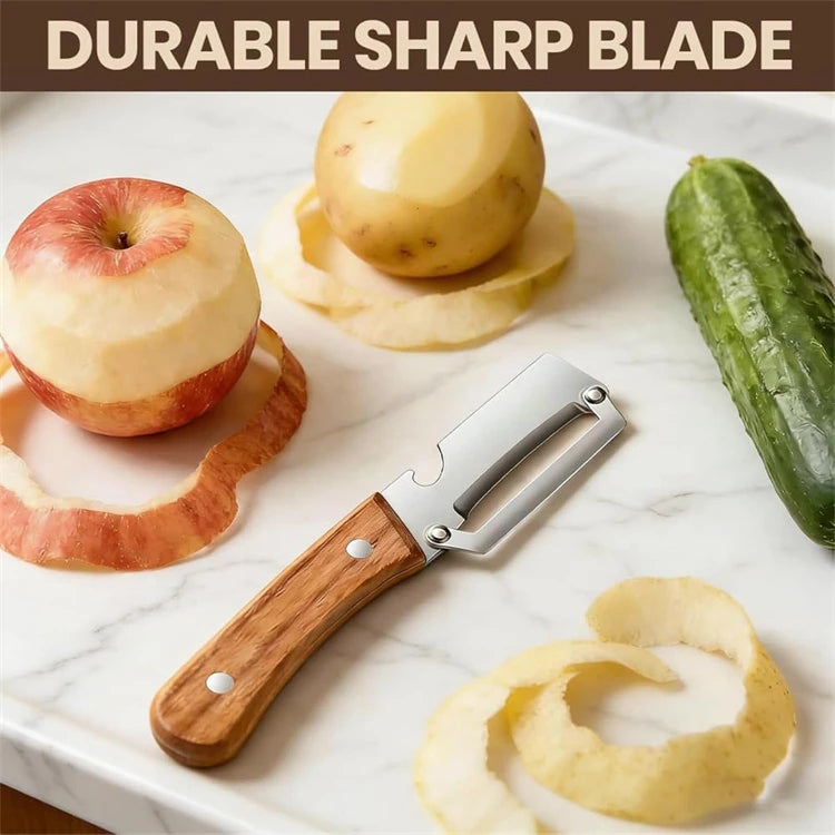 2 in 1 Stainless Steel Vegetable Peeler with Bottle Opener – Wooden Handle Potato, Carrot & Pumpkin Peeler – Great for Everyday Veg Prep