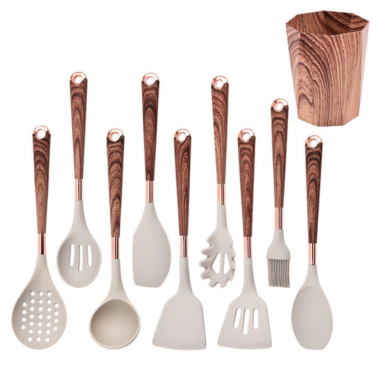 10-Piece Silicone Kitchen Utensils Set with Wooden-Effect Handles & Matching Utensil Holder – Heat-Resistant, Non-Stick Safe & Easy to Clean – Includes Spatulas, Spoons, Turners, Pasta Server, Brush & Skimmer – Perfect for Daily Cooking & Modern Kitchens