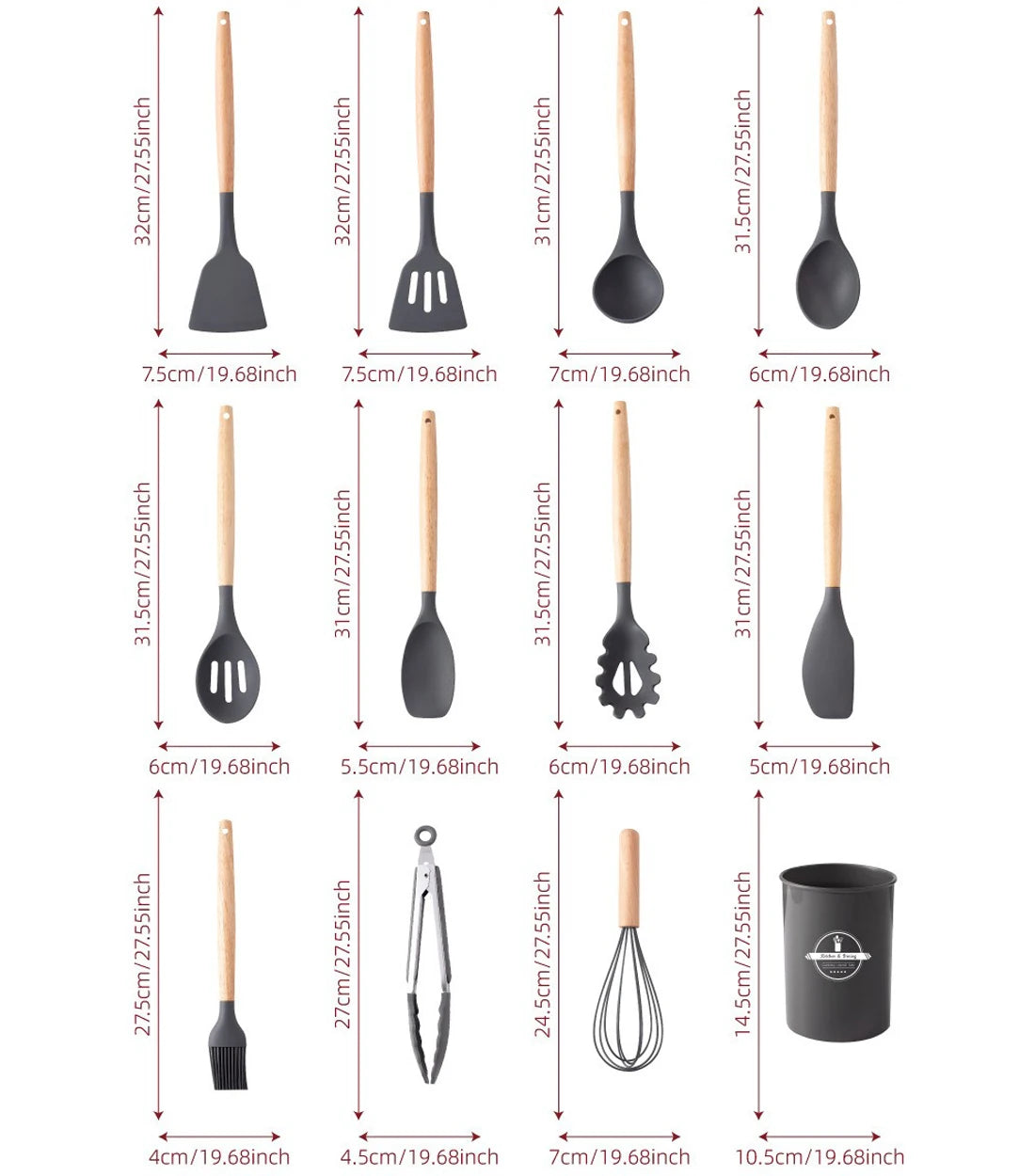 12 Piece Silicone Kitchen Utensil Set with Wooden Handles & Storage Pot – Heat Resistant BPA-Free Cooking Tools – Best for Non-Stick Cookware & Baking – Available in Black, White, Pink, Khaki & Light Green Colours