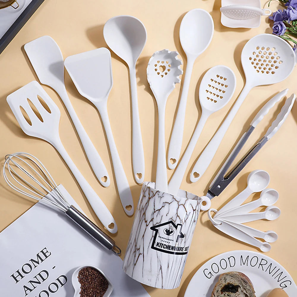 18-Piece Silicone Kitchen Utensils Set – Heat-Resistant Spatulas, Spoons, Turners, Brush, Whisk & More – Safe for Non-Stick Cookware & Daily Cooking – Available in Black, White & Pink